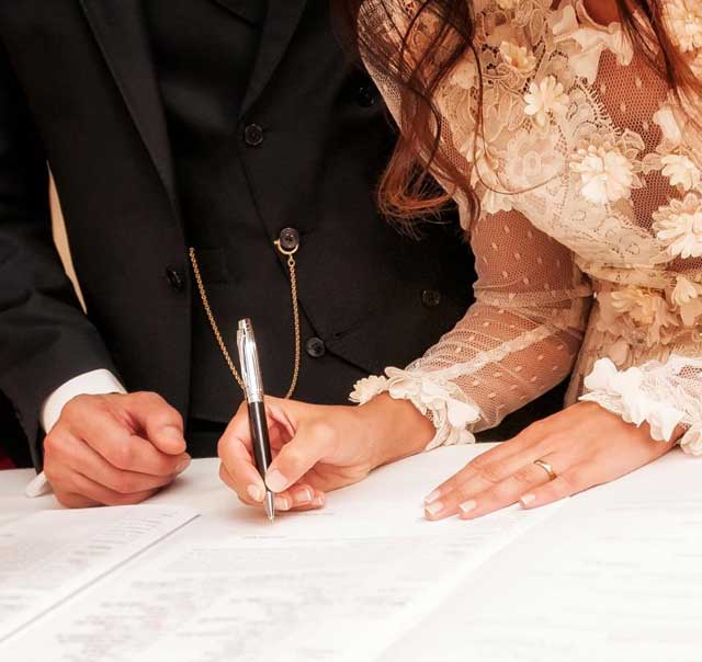 Couple signing documents in formal attire.