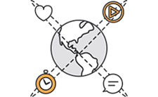 Globe surrounded by various communication icons.