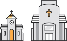 Two illustrated church buildings.